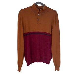 Dunhill London Merino Wool Henley Button Mock Neck Sweater Burgundy Burnt Orange